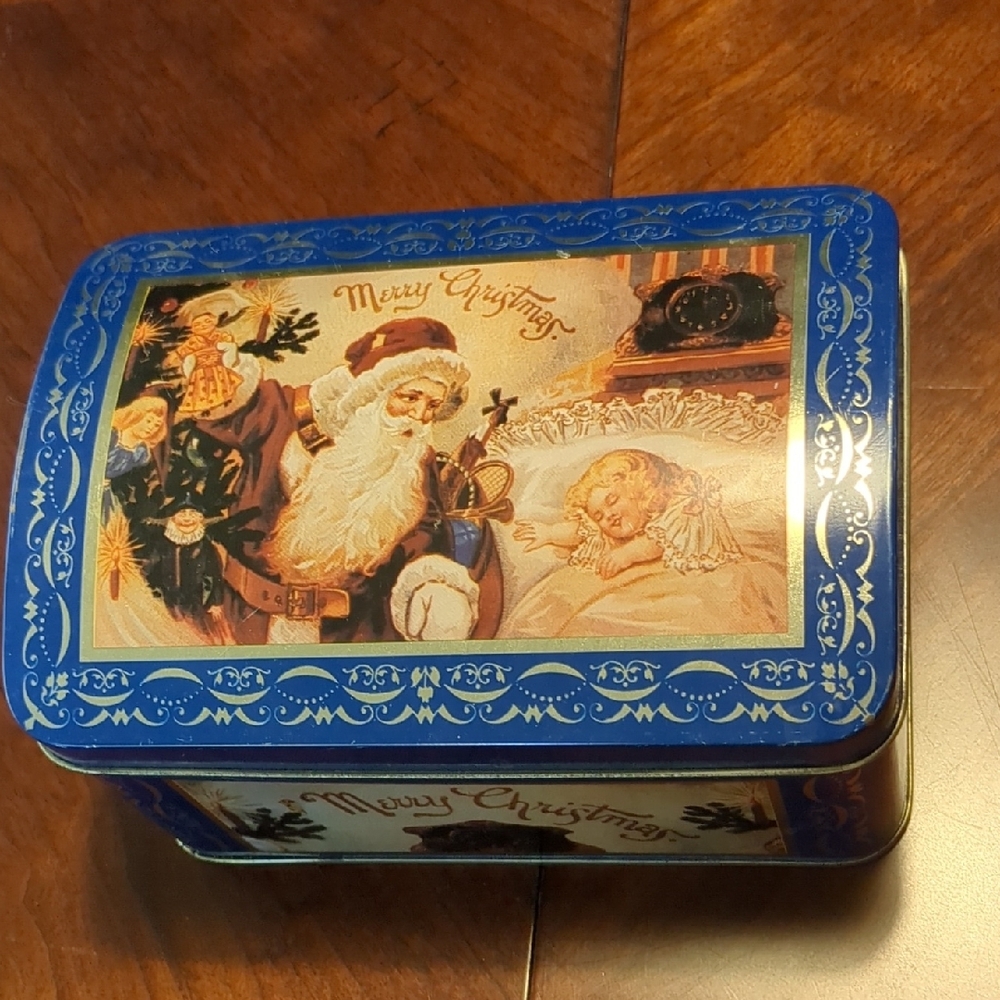 Christmas Tin vtg Treasure Box Blue